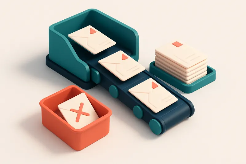 an isometric inbox with a conveyor belt delivering envelopes, some labeled with duplicate addresses; envelopes marked 'i