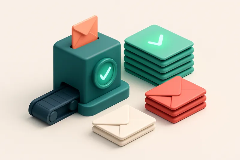 An isometric email inbox with a stack of green envelopes labeled 'Valid' and red envelopes labeled 'Invalid', a conveyor