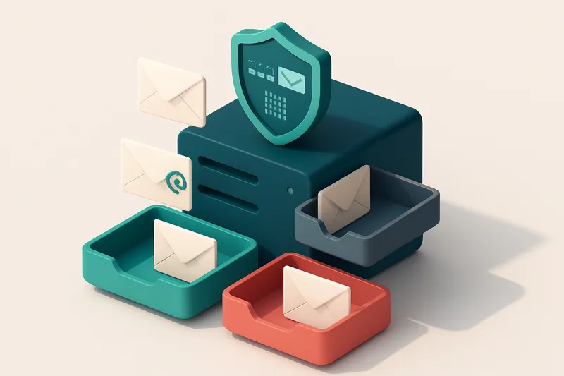 an isometric email server rack with a green 'inbox' tray, red 'blocked' tray, and grey 'delayed' tray, each receiving en
