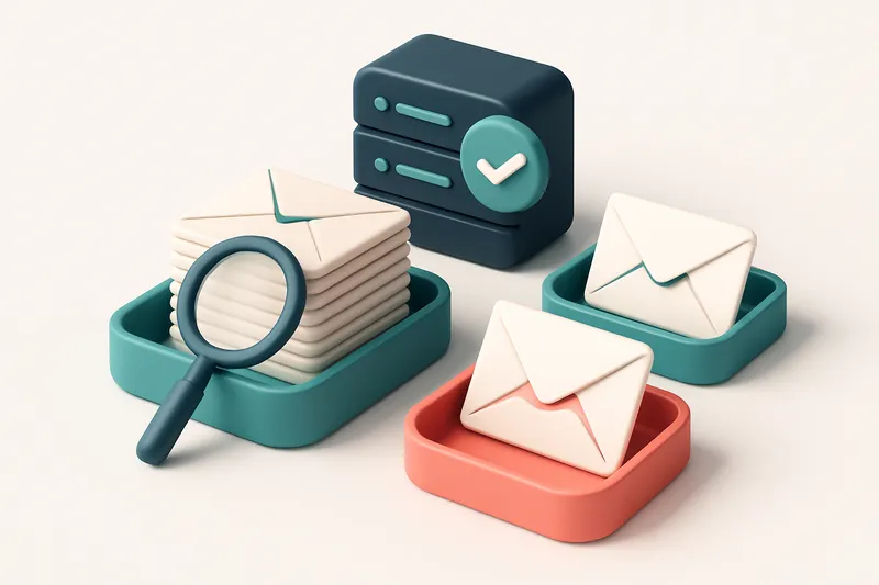An isometric email inbox with envelopes being sorted onto a green 'valid' tray and a red 'invalid' tray, a magnifying gl