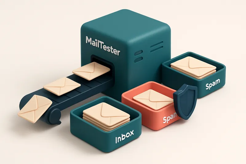 An isometric email server labeled 'MailTester' with a conveyor belt feeding envelopes into three labeled trays: green 'i