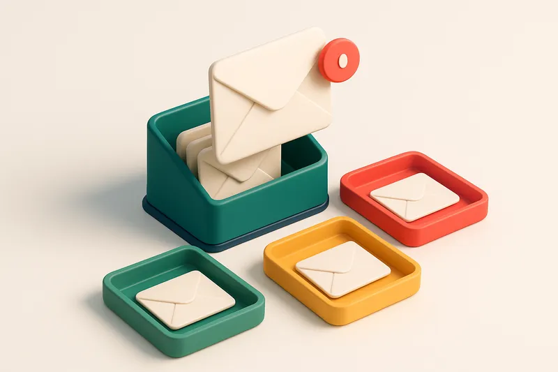 An isometric inbox with envelopes being sorted onto a green 'valid' tray, a red 'invalid' tray, a yellow 'risky' tray, a