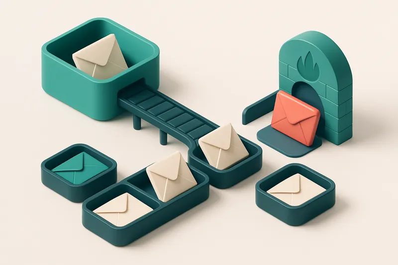 An isometric inbox with envelopes labeled 'valid', 'catch-all', 'invalid', and 'risky' being sorted by a conveyor belt i