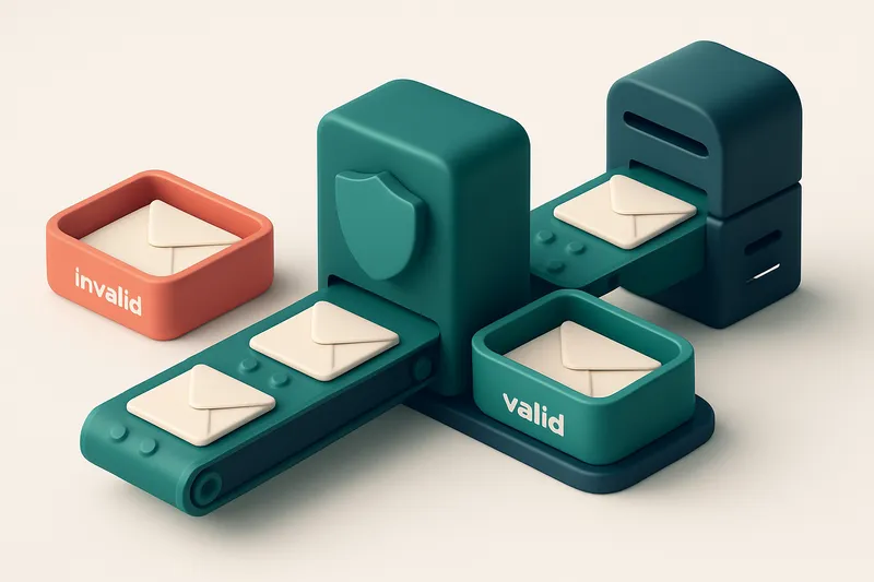An isometric email sender with a conveyor belt of envelopes moving from a red 'invalid' tray to a green 'valid' tray, pa