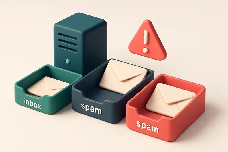 An isometric inbox with envelopes being sorted into three trays: a green 'inbox' tray, a red 'spam' tray, and a gray 'un
