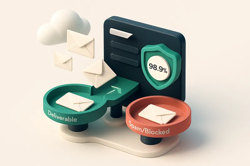 Hero: an isometric email inbox with envelopes flying in from a cloud, being sorted by a rotating green 'Deliverable' tra