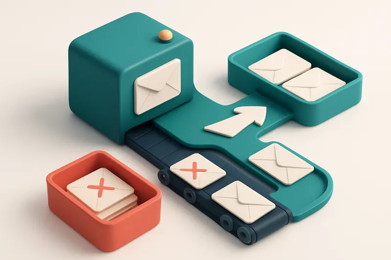 An isometric view of a Postmark server sending envelopes into a central inbox; a conveyor belt pulls rejected envelopes