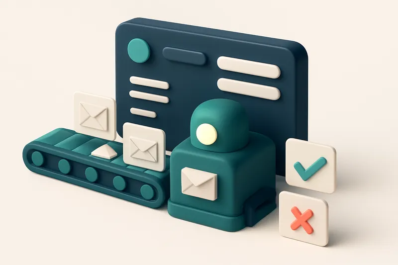 An isometric Pipedrive dashboard with a conveyor belt feeding new leads into a verification machine. The machine outputs