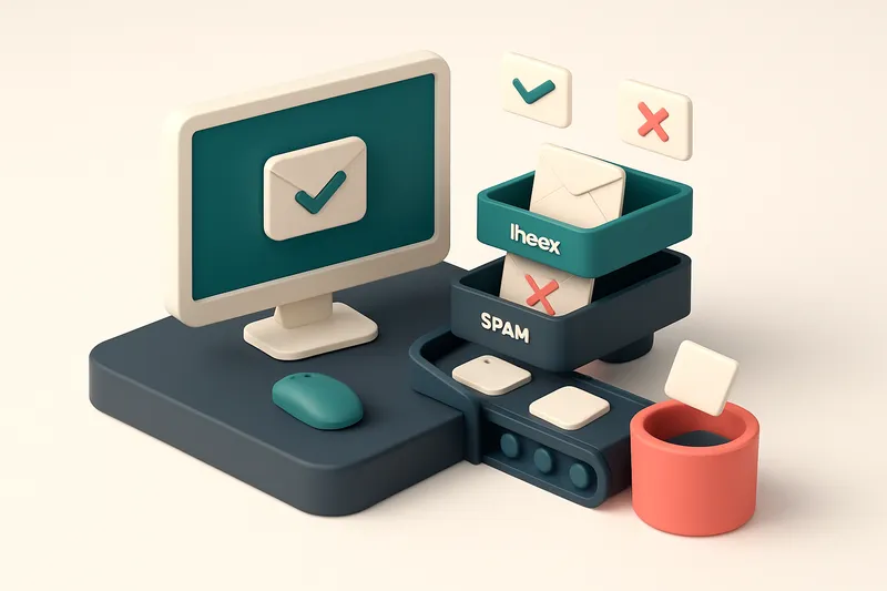 An isometric office desk with a digital inbox stacked with emails: green checkmarks mark valid messages landing in the '