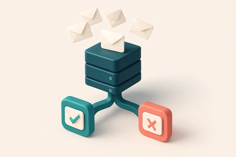 An isometric illustration of a 3D email funnel: incoming messages pour into a central server, then split into two paths—