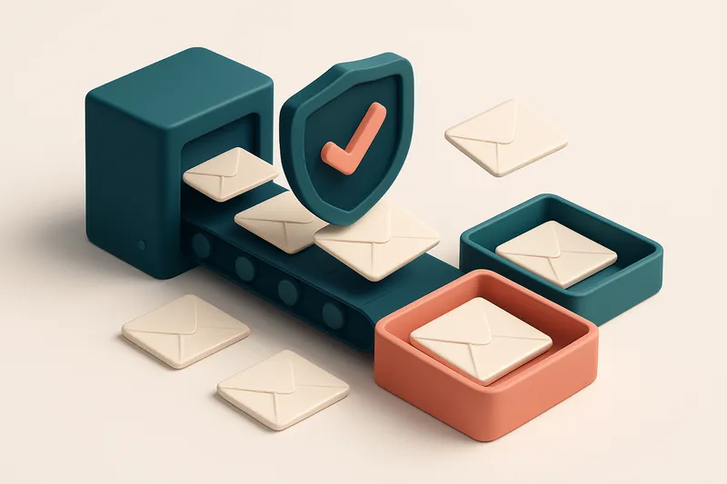 An isometric illustration of a 3D email inbox with envelopes being scanned by a digital shield, some landing on a green