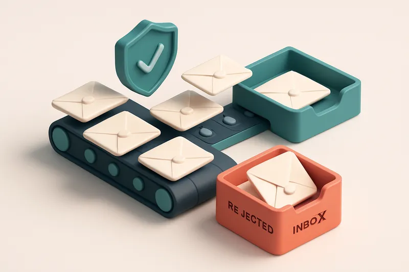 An isometric illustration of a conveyor belt transporting email envelopes labeled with 'invalid', 'catch-all', and 'role