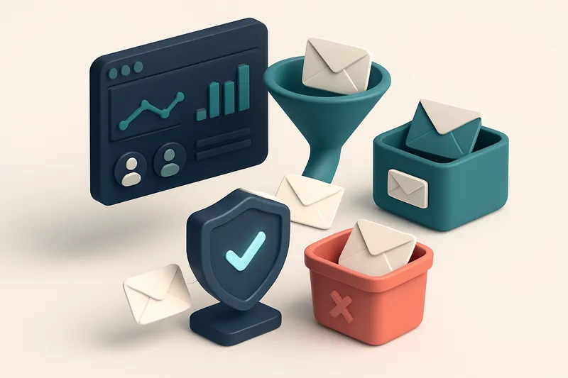an isometric illustration of a Zoho CRM dashboard with a funnel pouring leads into an email validation gateway, where ea