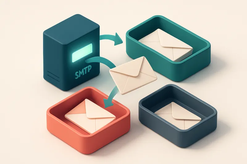 An isometric email inbox with envelopes being sorted into three trays: a green 'inbox' tray, a red 'spam' tray, and a gr