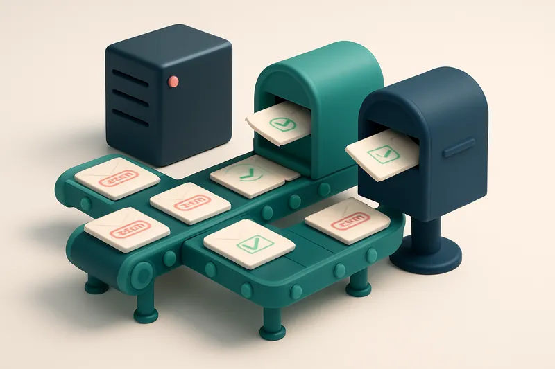 An isometric factory floor with a conveyor belt carrying labeled envelopes — some with red 'invalid' stamps, others gree
