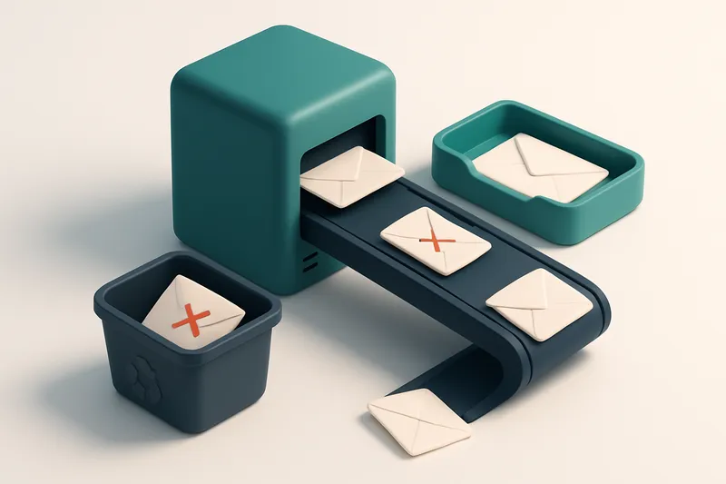 An isometric scene of a 3D mail server with a conveyor belt delivering envelopes. Some envelopes are rejected with a red
