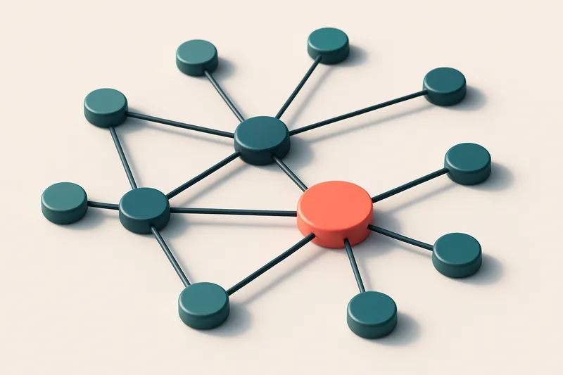 a network of small circular nodes connected by lines, with one node highlighted in red