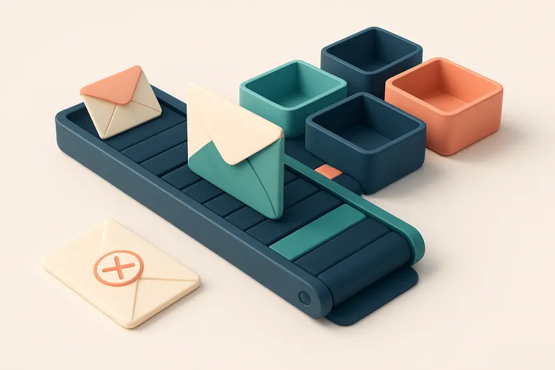 An isometric email inbox with envelopes labeled 'Valid', 'Risky', 'Catch-All', and 'Invalid' being sorted by color-coded