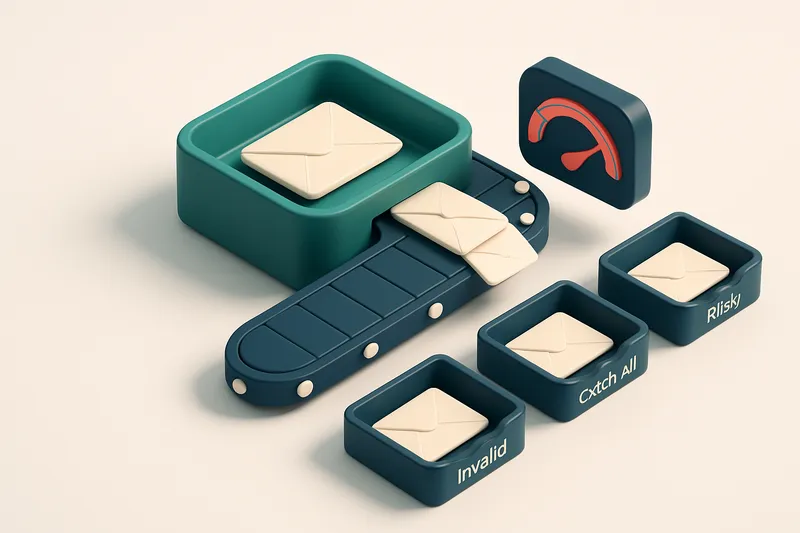 An isometric inbox with envelopes labeled 'Valid', 'Invalid', 'Catch-All', and 'Risky' being sorted by a rotating convey
