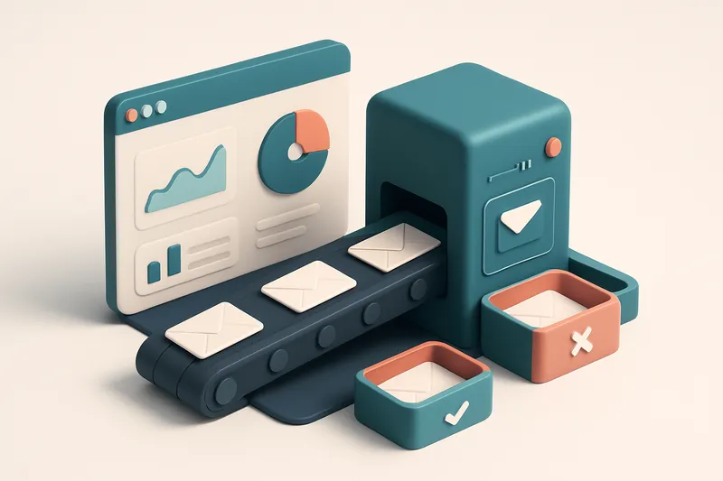 An isometric view of an Ontraport dashboard with a conveyor belt feeding email envelopes into a MailTester validator mac