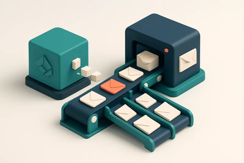 An isometric network of connected devices: a SendGrid server node sending data packets to a MailTester validation center