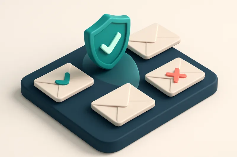 an isometric email inbox with multiple envelopes being scanned by a digital shield, one envelope marked 'delivered', ano