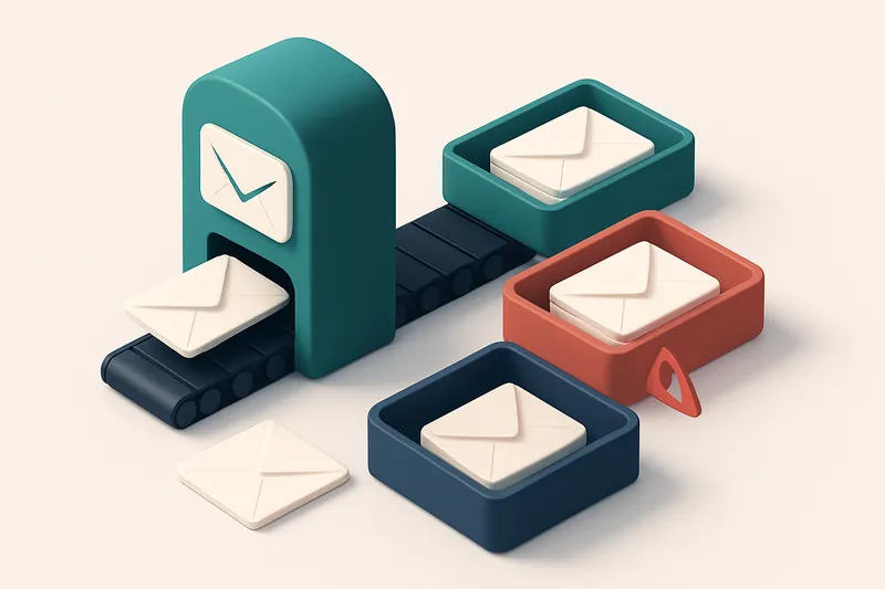 an isometric email inbox with envelopes being sorted onto a green 'valid' tray and a red 'invalid' tray, a yellow 'risky