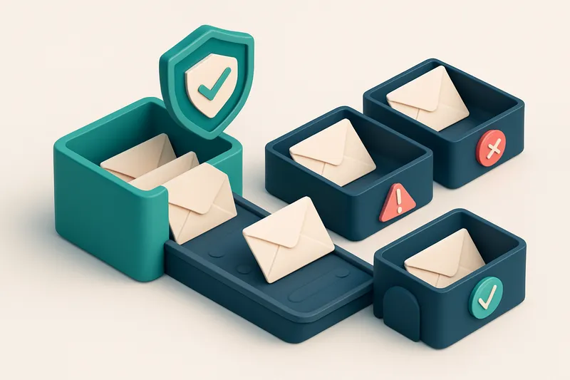 An isometric email inbox with envelopes being sorted by a conveyor belt into three trays: one labeled 'Inbox' with a gre
