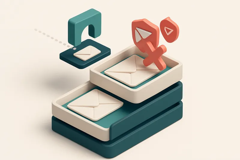 An isometric inbox with envelopes labeled 'Inbox', 'Spam', and 'Blocked' on separate trays. A large red 'X' icon over th