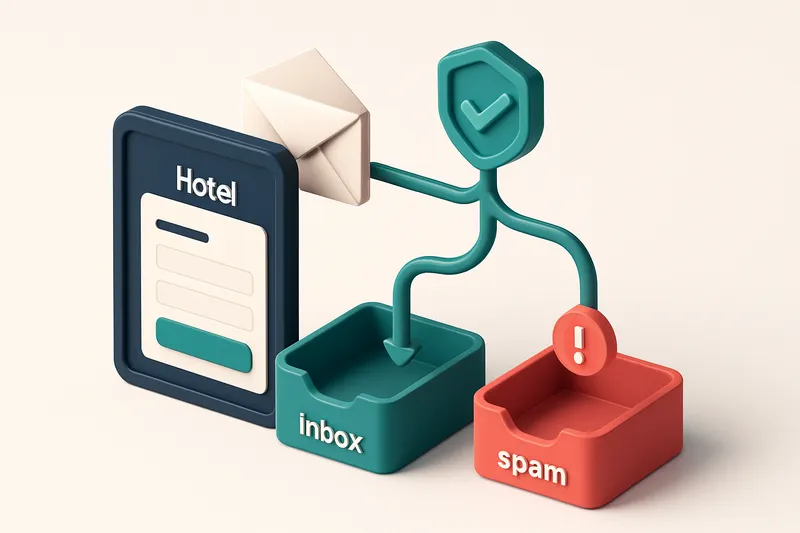 Hero: an isometric view of a hotel guest portal with a digital guest check-in form; an envelope labeled 'confirmation em