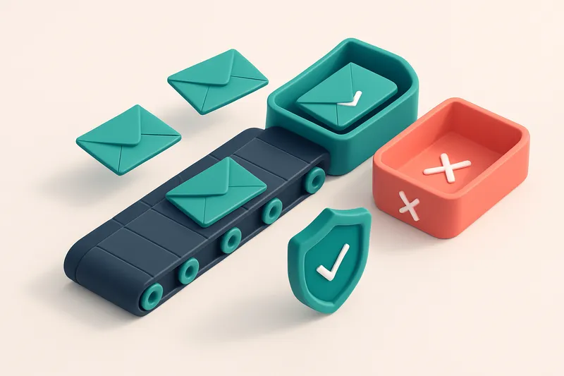 An isometric construction site with a digital conveyor belt moving envelopes labeled 'prospect leads' toward two sorting