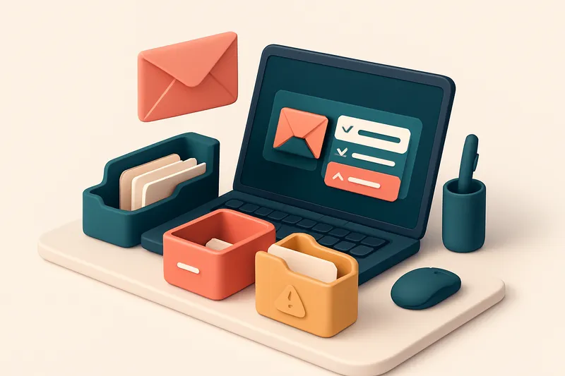 An isometric illustration of a consultant’s desk with a laptop showing a dashboard that sorts email addresses into green