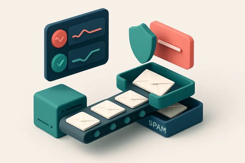 An isometric scene of a logistics dashboard showing a red 'bounce' signal and a green 'deliverable' signal, with a conve
