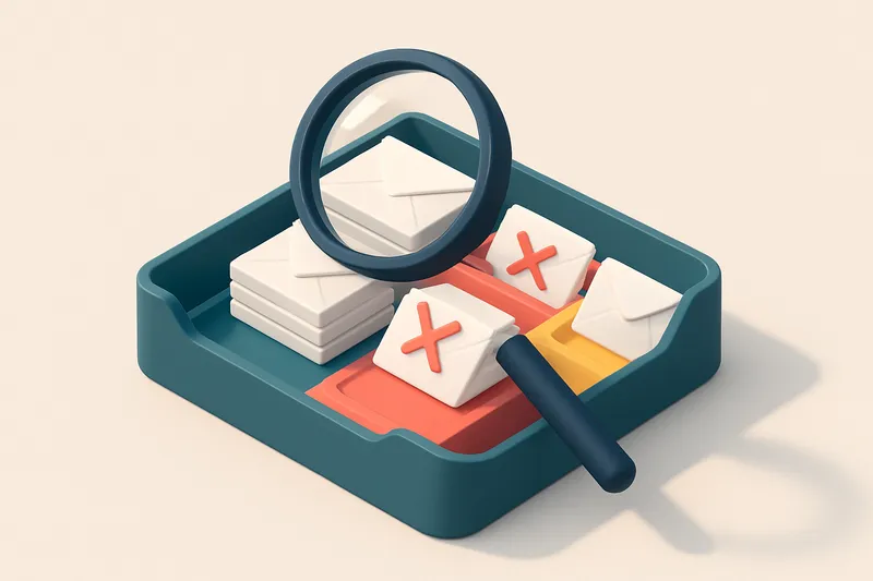 An isometric email inbox tray divided into three zones: a green 'valid' zone with envelopes, a red 'invalid' zone with c