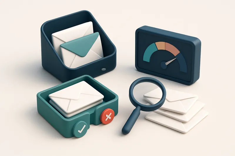 An isometric email inbox with envelopes being sorted onto a green 'valid' tray and a red 'invalid' tray, a magnifying gl