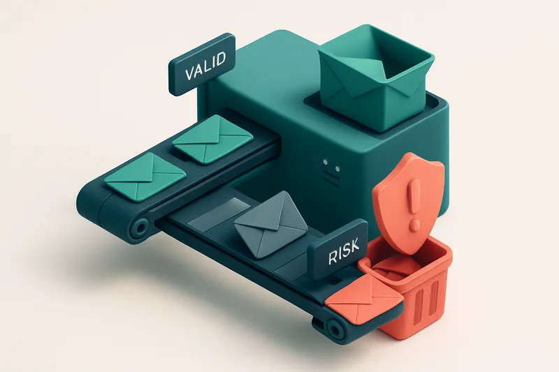 an isometric email server room with two conveyor belts: one labeled 'Valid' carrying green envelopes to a green inbox, a