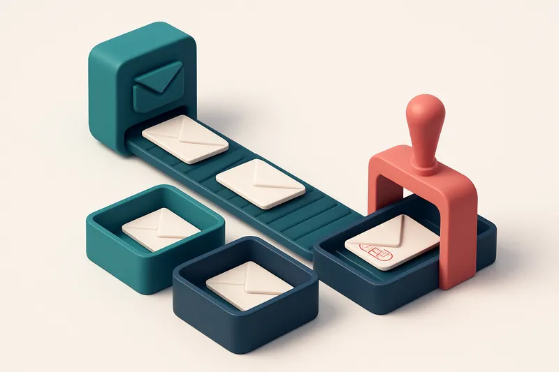 An isometric email inbox with a conveyor belt feeding envelopes marked 'valid,' 'risky,' and 'invalid' into separate tra