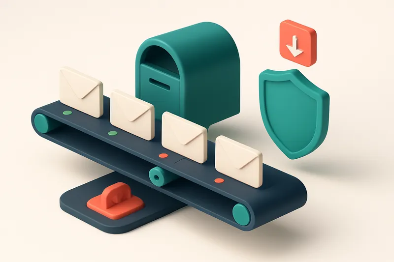 An isometric illustration of a digital gym email campaign: a conveyor belt carries envelopes labeled 'valid', 'catch-all