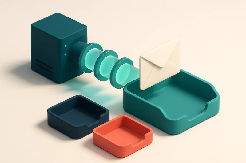 Hero: an isometric email message flying from a server through a tunnel of glowing filters and emerging into a green inbo