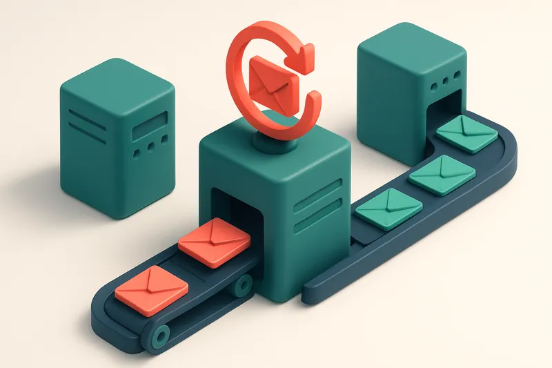 An isometric email server cluster with red 'rejected' and green 'delivered' envelopes flowing through conveyor belts, on