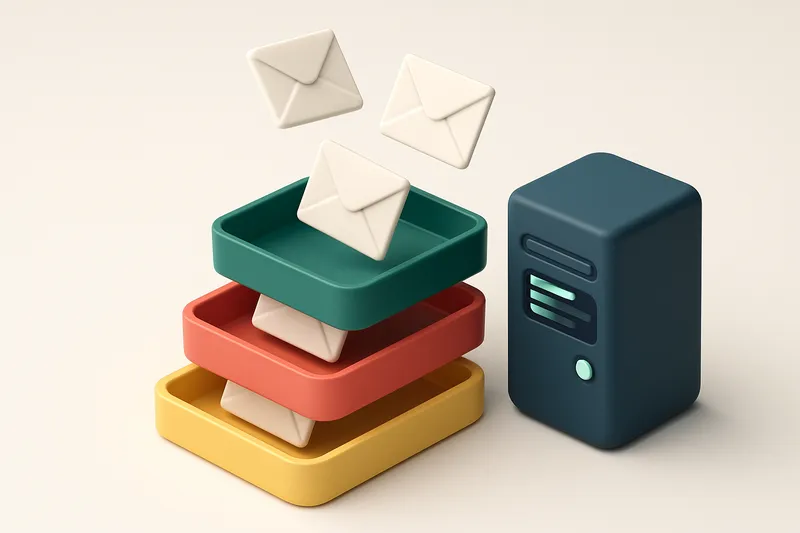 An isometric email inbox with envelopes flying into three trays: a green 'valid' tray, a red 'invalid' tray, and a yello