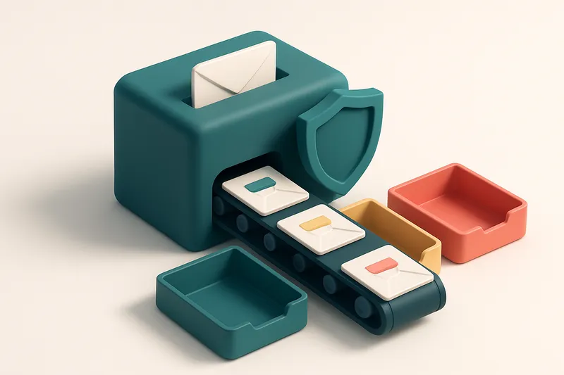 An isometric email inbox showing a conveyor belt moving envelopes labeled 'valid', 'risky', and 'invalid' into separate