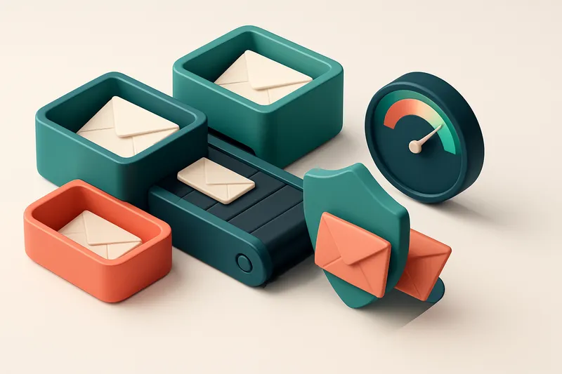 An isometric inbox with a conveyor belt feeding envelopes into green 'valid' trays and red 'invalid' trays, a shield blo