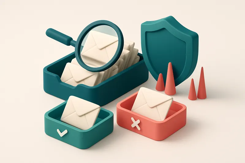 An isometric email inbox with envelopes being sorted onto a green 'valid' tray and a red 'invalid' tray, a magnifying gl