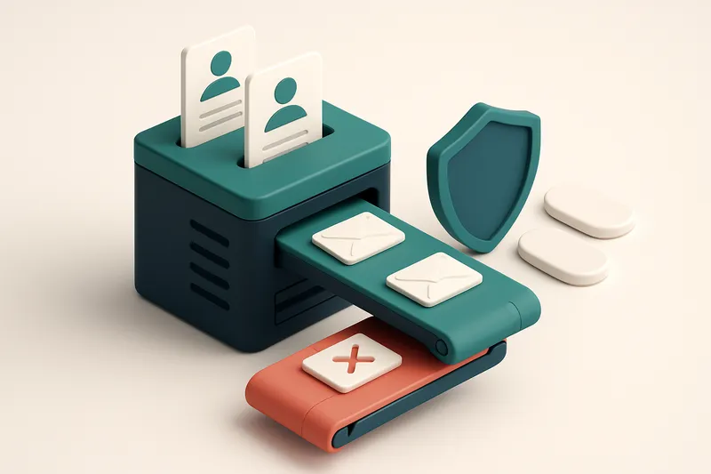 An isometric server rack with player registration forms flowing into it, a green 'valid' conveyor belt carrying confirme