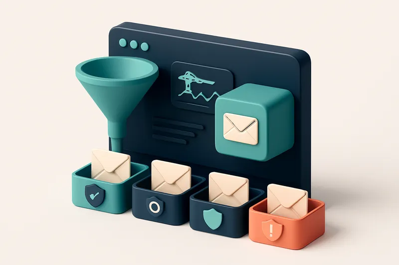 An isometric view of a construction project dashboard with a funnel labeled 'List' feeding into a central mail server, w
