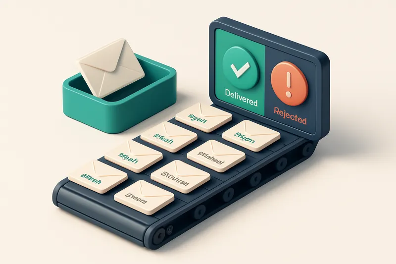 An isometric inbox with 15 labeled email envelopes—each marked with a destination (inbox, spam, blocked)—arranged on a c