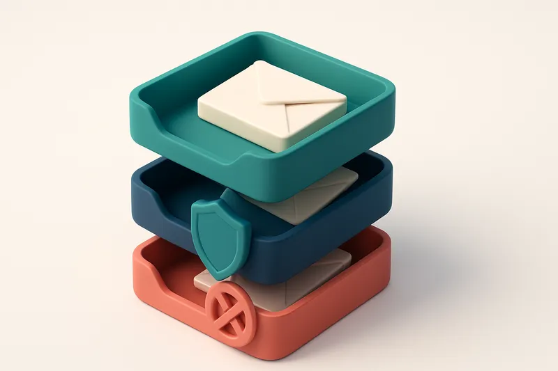 An isometric inbox with envelopes labeled 'Valid', 'Catch-all', and 'Invalid' sorted into three trays — the 'Valid' tray