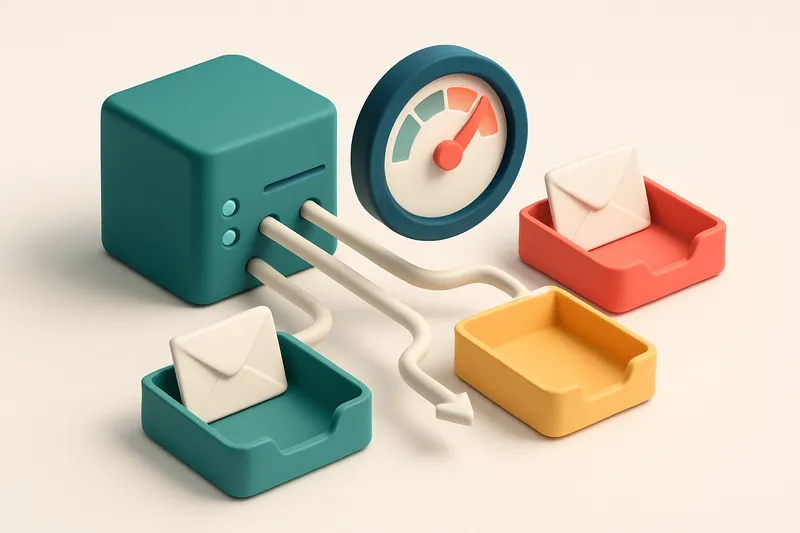 An isometric email server with multiple delivery paths leading to colored inboxes: a green 'delivered' tray, a red 'hard