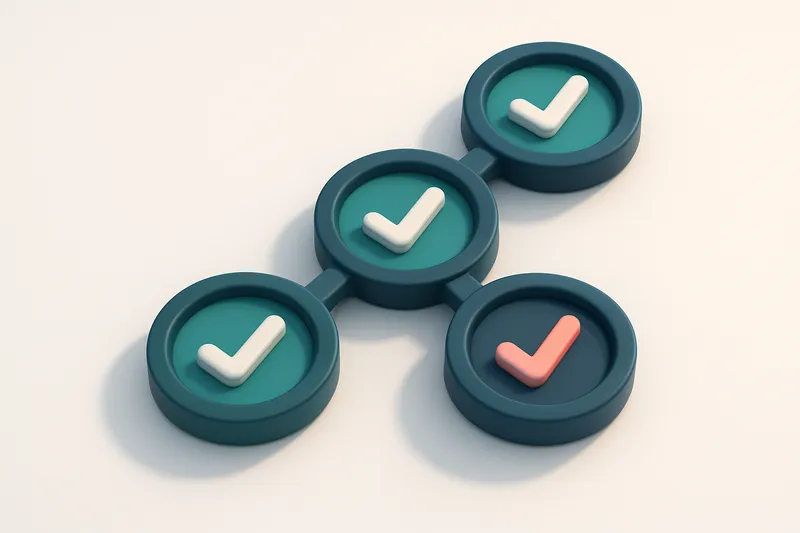 a chain of four interconnected circular nodes with a checkmark inside each